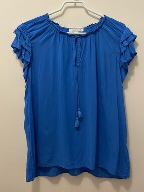 Rose & Olive Royal Blue Ruffle Sleeve Tassel Blouse
